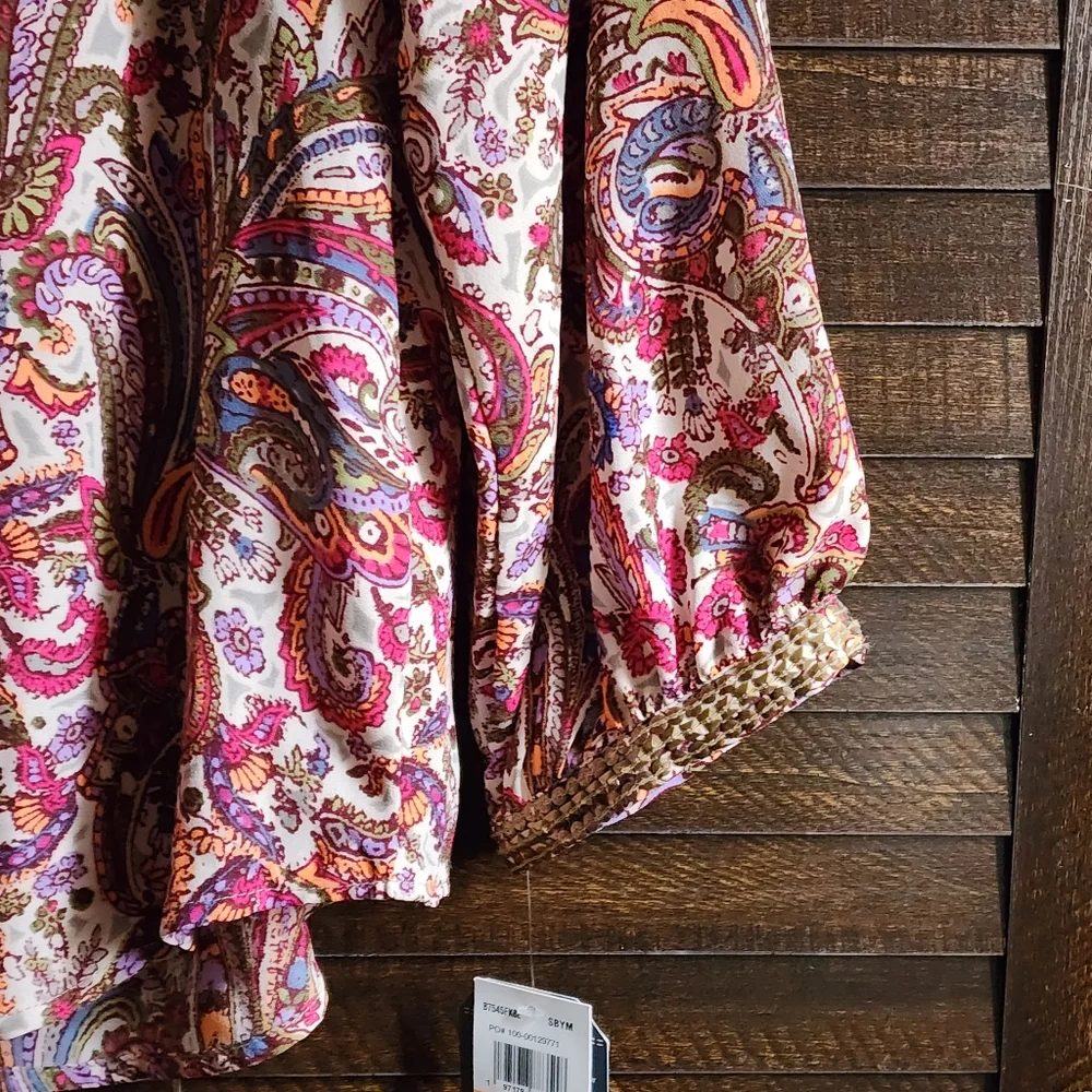 Democracy Woven Top Paisley Print 3/4 Blouson Sleeve Ruffle V-Neck Sage Burry S. - Picture 10 of 11